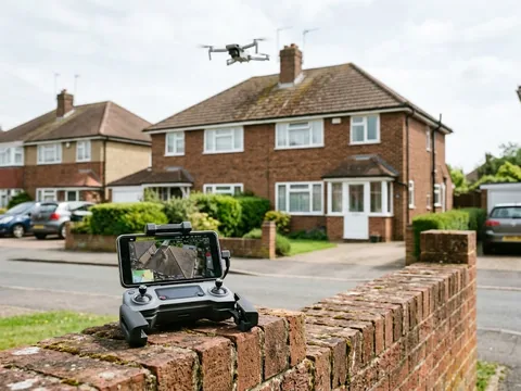A drone over the roof of a semi-detached house, its controller on a garden wall showing the roof from above