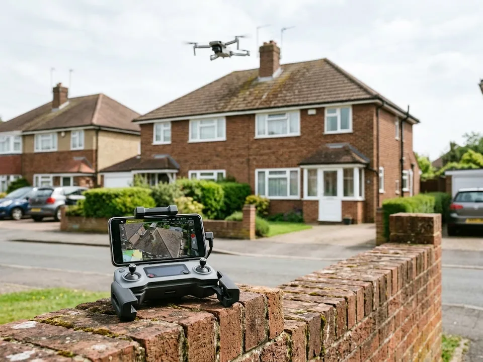 A drone over the roof of a semi-detached house, its controller on a garden wall showing the roof from above
