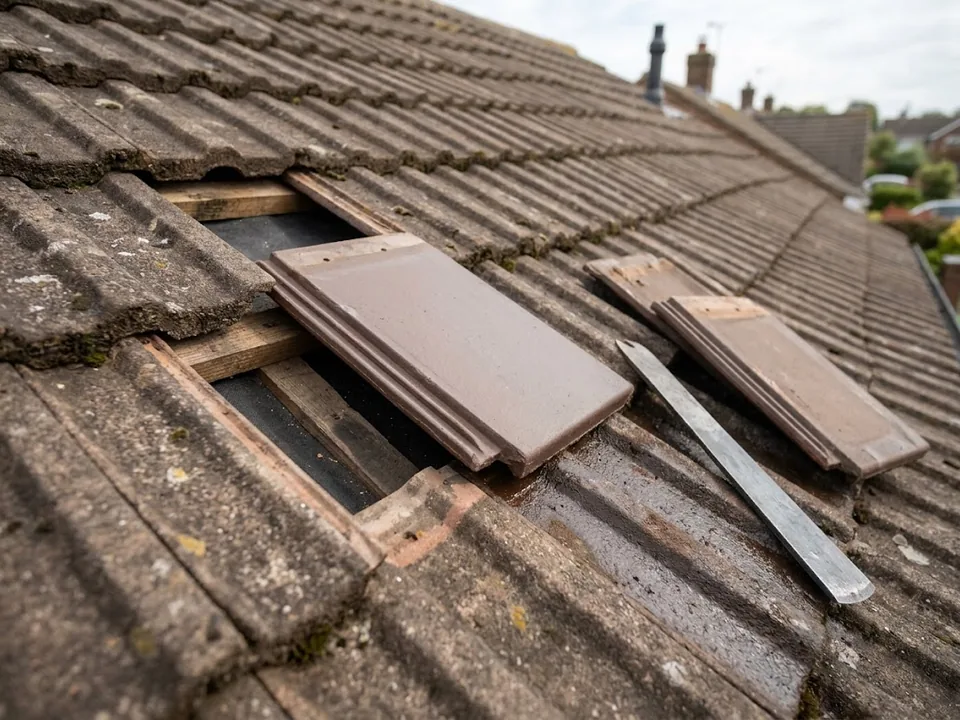 A replacement tile being fitted into a gap in a concrete tile roof, with a slate ripper and spare tiles alongside